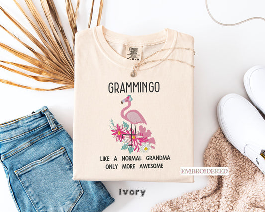 Embroidered Grammingo Comfort Colors T-Shirt, Floral Flamingo Grandma Tee, Embroidered Flamingo Design Shirt