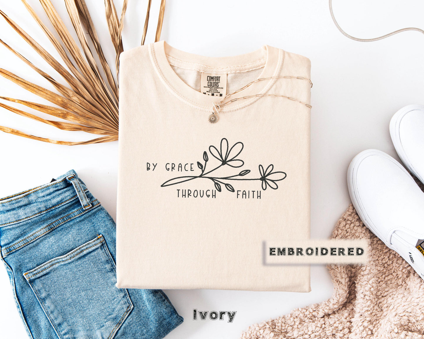 Embroidered Floral Line Art T-Shirt, Inspirational Quote Tee, Embroidered "By Grace Through Faith" t-shirt in different colors