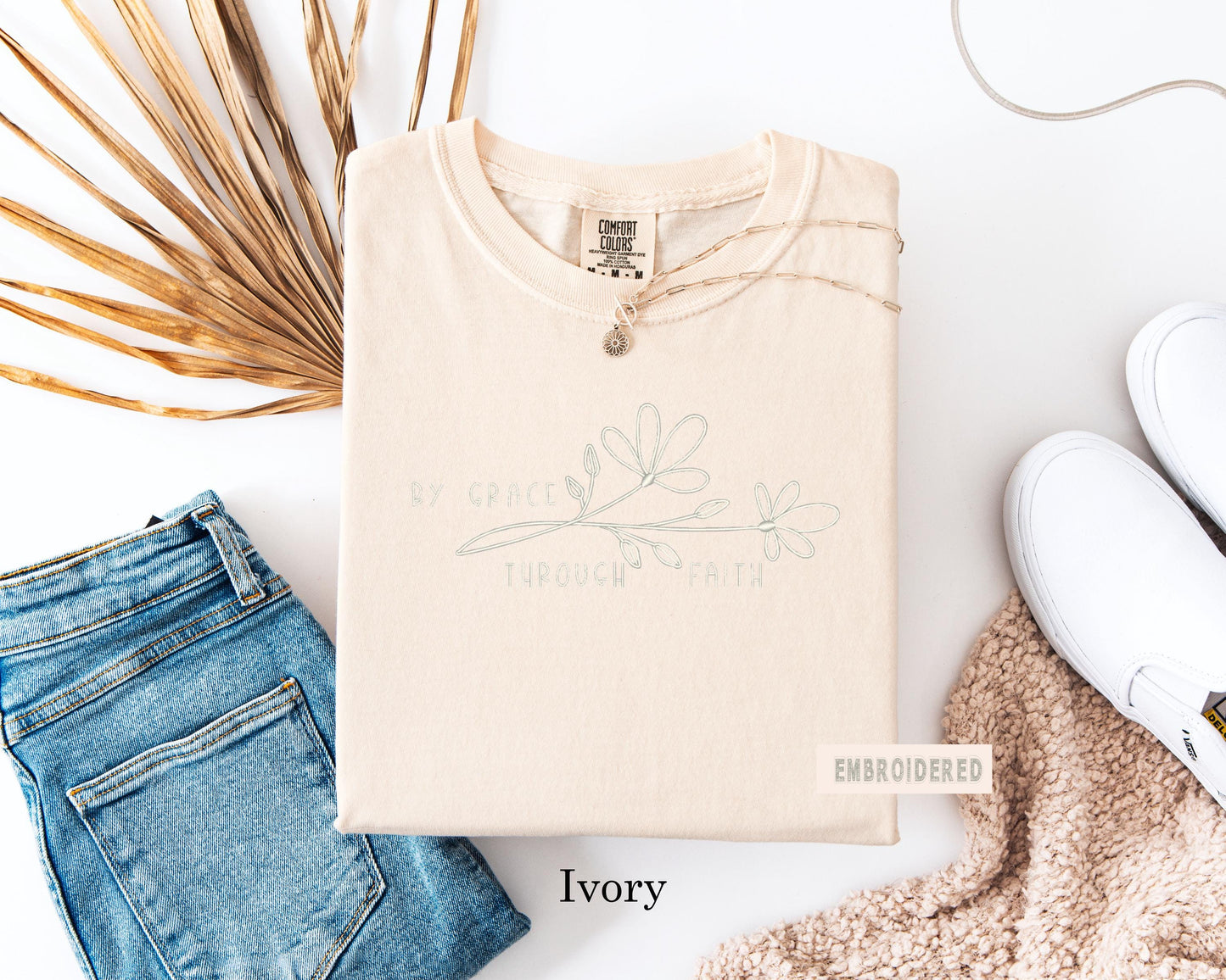 Embroidered Floral Line Art T-Shirt, Inspirational Quote Tee, Embroidered "By Grace Through Faith" t-shirt in different colors