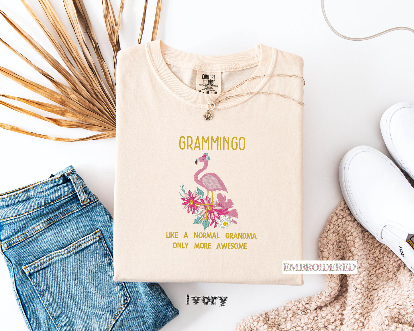 Embroidered Grammingo Comfort Colors T-Shirt, Floral Flamingo Grandma Tee, Embroidered Flamingo Design Shirt