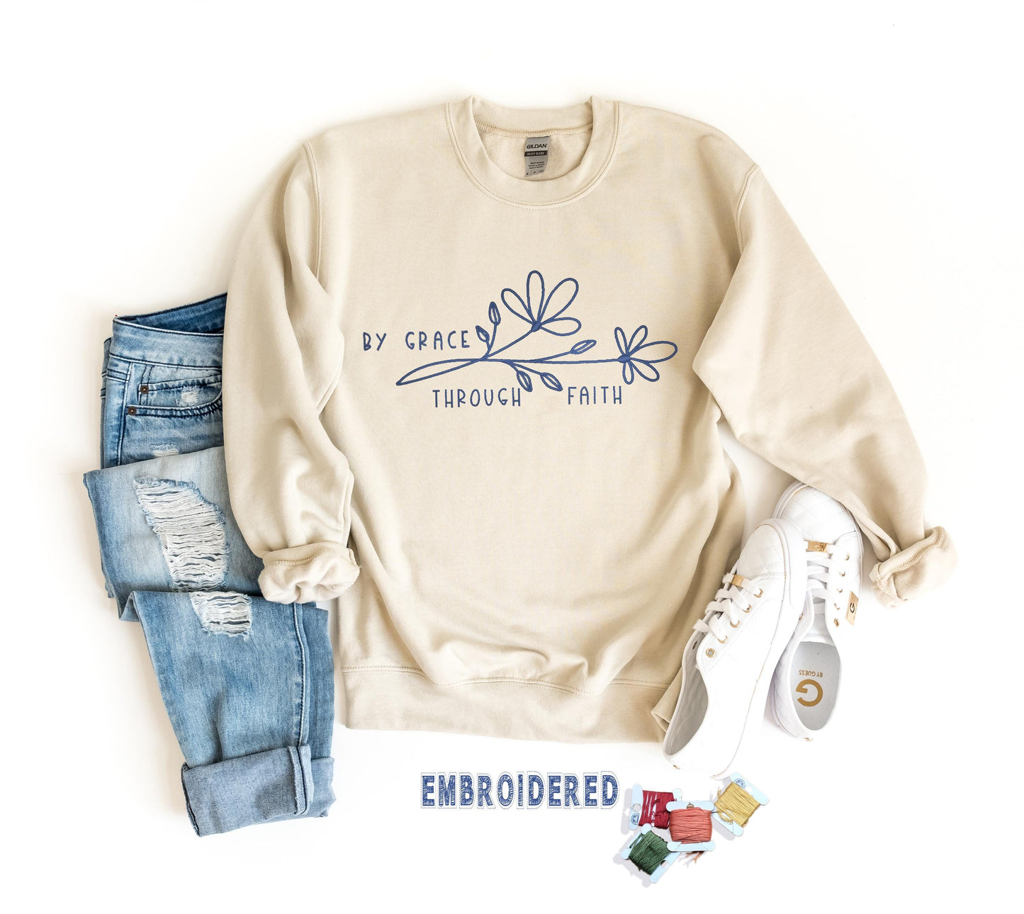 By Grace Through Faith Embroidered Christian Sweatshirt, Religious Bible Verse Sweater, Faith Based Gift for Women and Men