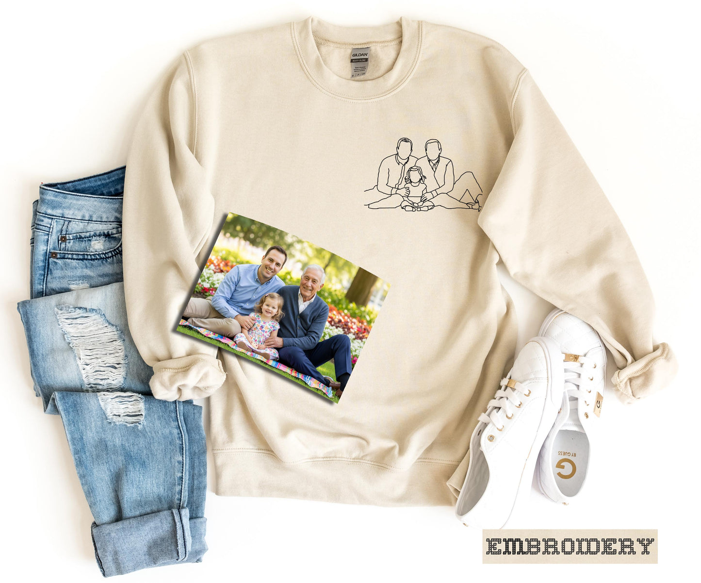 Custom Embroidered Sweatshirt and Hoodie with Photo Outline, Minimalist Stitch Portrait Crewneck, Custom Portrait Hoodie and Sweatshirt
