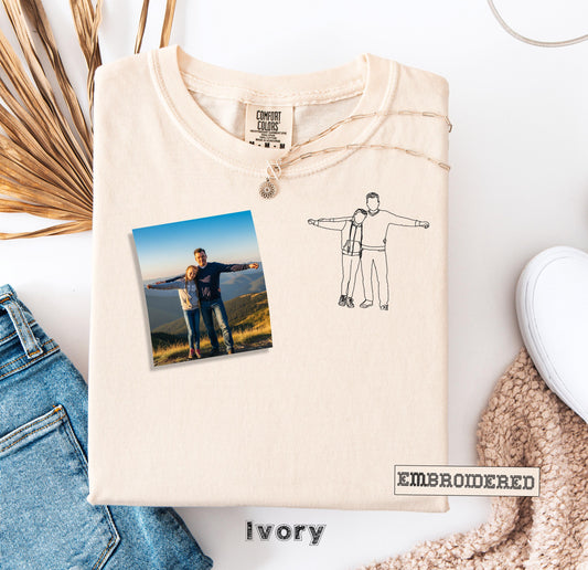 Custom Embroidered Comfort Colors® Shirt with Photo Outline, Personalized Drawing Tee, Minimalist Portrait Shirt, Personalized Line Art Tee