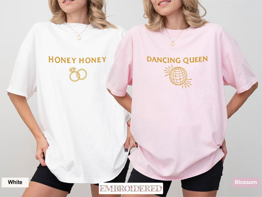 Custom Embroidered Comfort Colors® Shirt, Dancing Queen or Honey Honey Tee, Bachelorette Party Shirt, Personalized Bride Squad Gift