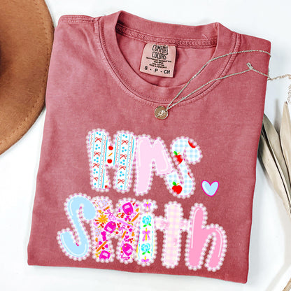 Custom Lace Teacher name Shirt, Custom teacher Shirt, Lace Custom Name Shirt, Preppy Teacher Bow Back To School Shirt, Custom Teacher Shirt