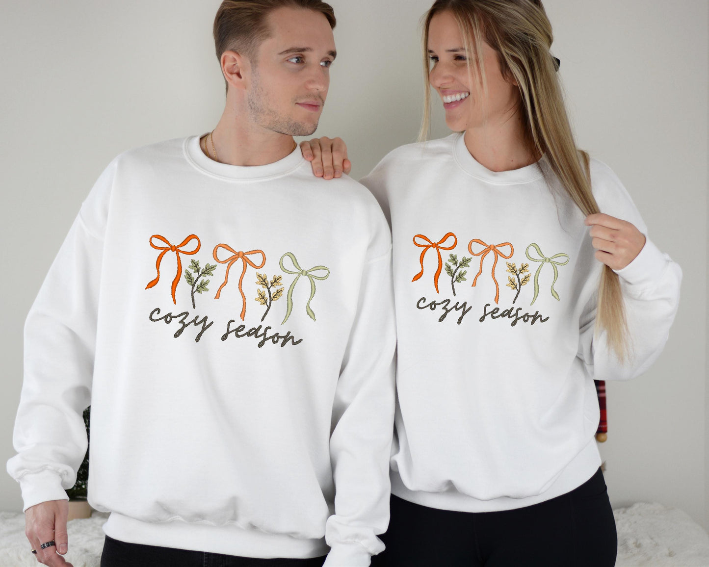 Cozy Season Embroidered Sweatshirt or  Hoodie, Fall Bow Design, Thanksgiving Gift USA, Unisex Fall Sweatshirt, Cozy Autumn Bow Design
