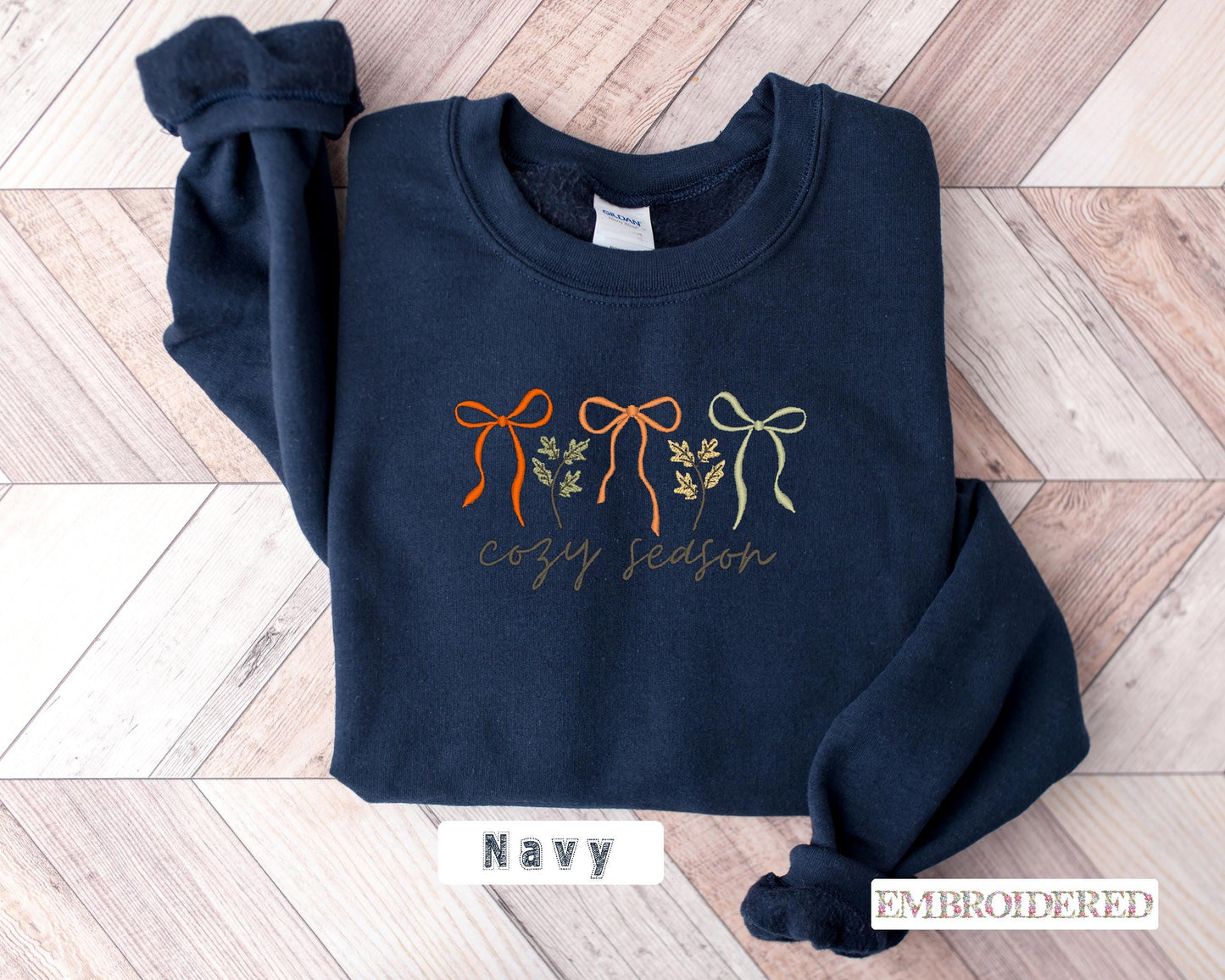 Cozy Season Embroidered Sweatshirt or  Hoodie, Fall Bow Design, Thanksgiving Gift USA, Unisex Fall Sweatshirt, Cozy Autumn Bow Design