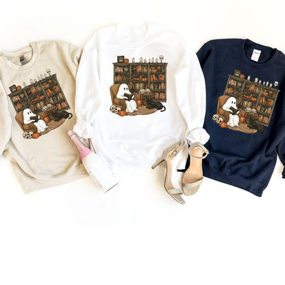 Retro Ghost Reading Books Sweatshirt, Librarian Ghost Halloween, Halloween Teacher Sweatshirt, Halloween Shirt, Teacher Gift, Boo School
