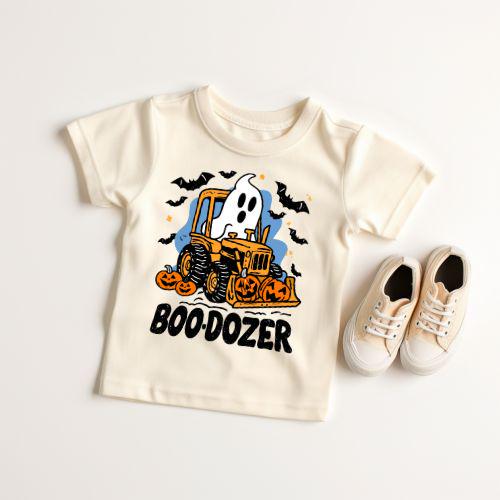 Boo - Dozer Halloween Shirt, Retro Spooky Bulldozer Ghost Halloween Kids Tee Shirt, Natural Toddler Baby Onesie Boys Halloween Shirt