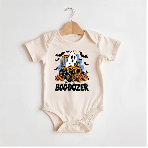 Boo - Dozer Halloween Shirt, Retro Spooky Bulldozer Ghost Halloween Kids Tee Shirt, Natural Toddler Baby Onesie Boys Halloween Shirt