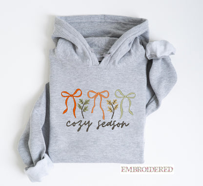 Cozy Season Embroidered Sweatshirt or  Hoodie, Fall Bow Design, Thanksgiving Gift USA, Unisex Fall Sweatshirt, Cozy Autumn Bow Design