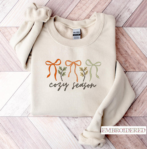 Cozy Season Embroidered Sweatshirt or  Hoodie, Fall Bow Design, Thanksgiving Gift USA, Unisex Fall Sweatshirt, Cozy Autumn Bow Design