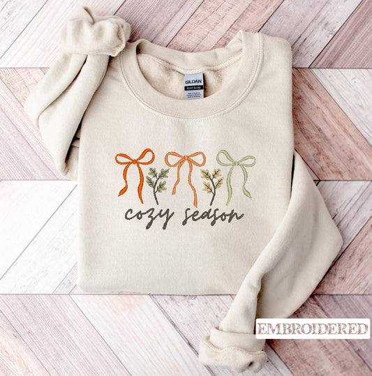 Cozy Season Embroidered Sweatshirt or  Hoodie, Fall Bow Design, Thanksgiving Gift USA, Unisex Fall Sweatshirt, Cozy Autumn Bow Design
