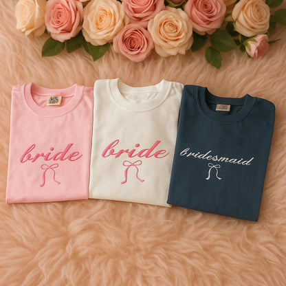 Embroidery Custom Bride Bridesmaid Shirt, Bride Gift, Matching Wedding Tee, Engagement gift, Bachelorette party tee, Coquette bow bride tee