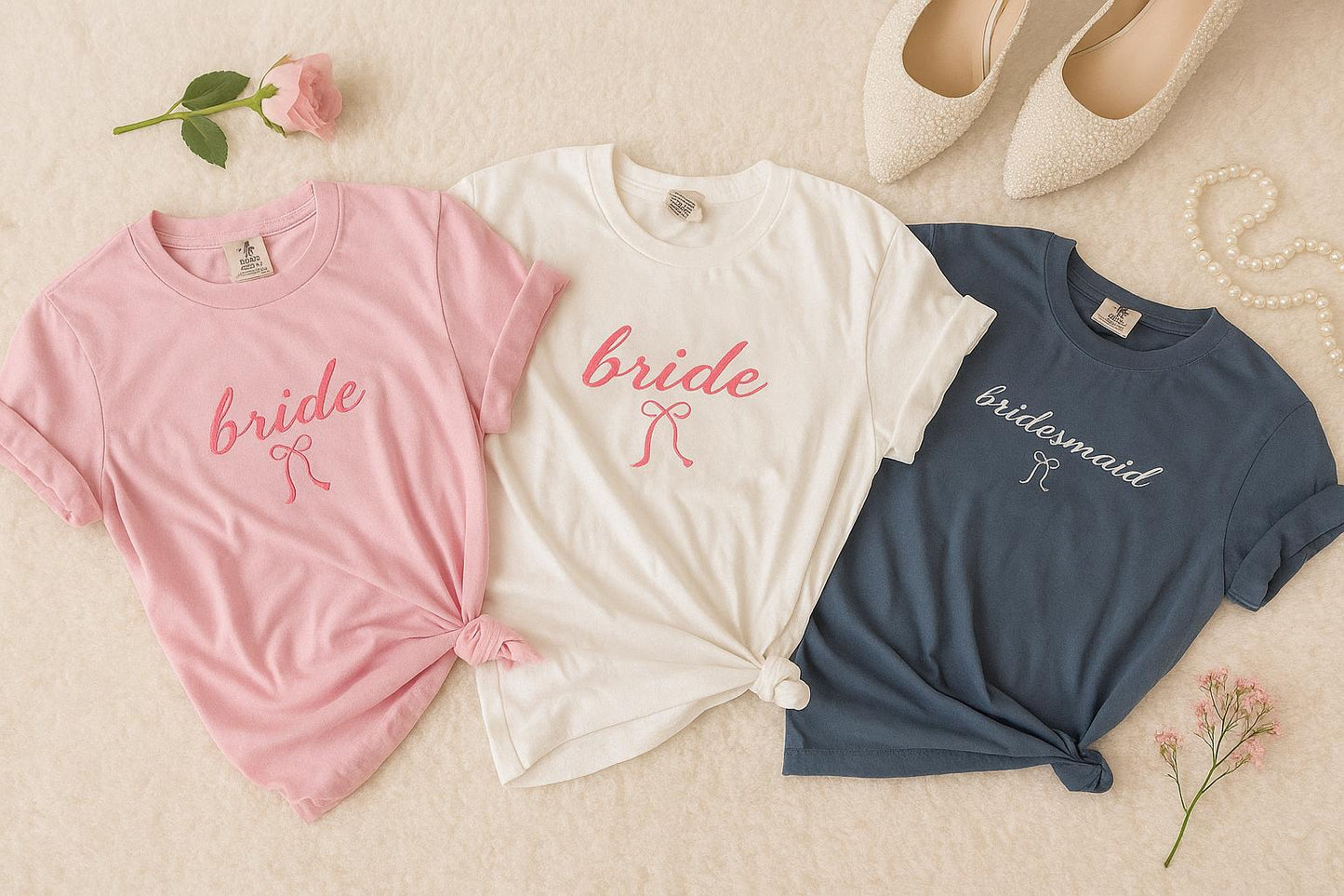Embroidery Custom Bride Bridesmaid Shirt, Bride Gift, Matching Wedding Tee, Engagement gift, Bachelorette party tee, Coquette bow bride tee