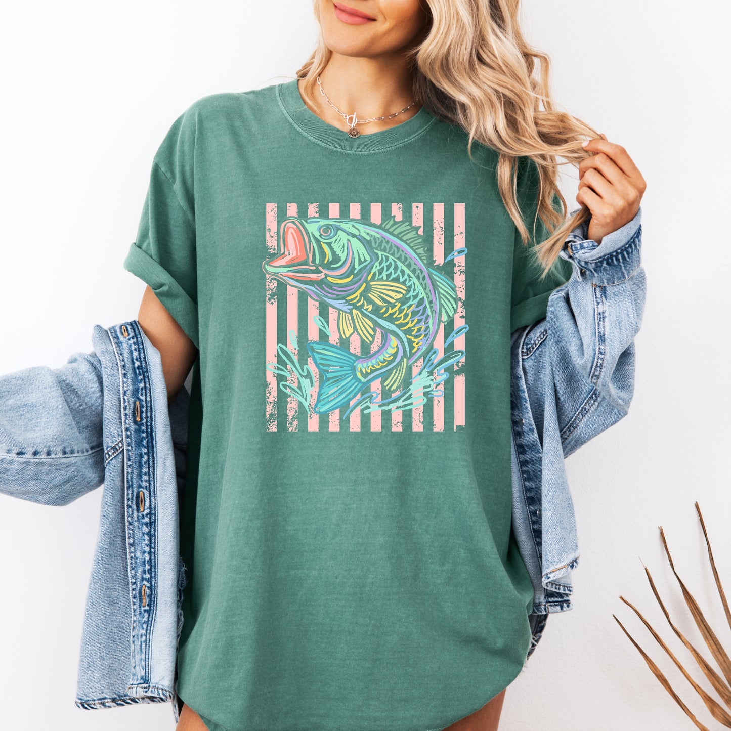 Retro Bass Fish Shirt, Pastel Striped Fishing Graphic Tee, Fisherman Gift, Lake Life T-Shirt, Coastal Summer Tee