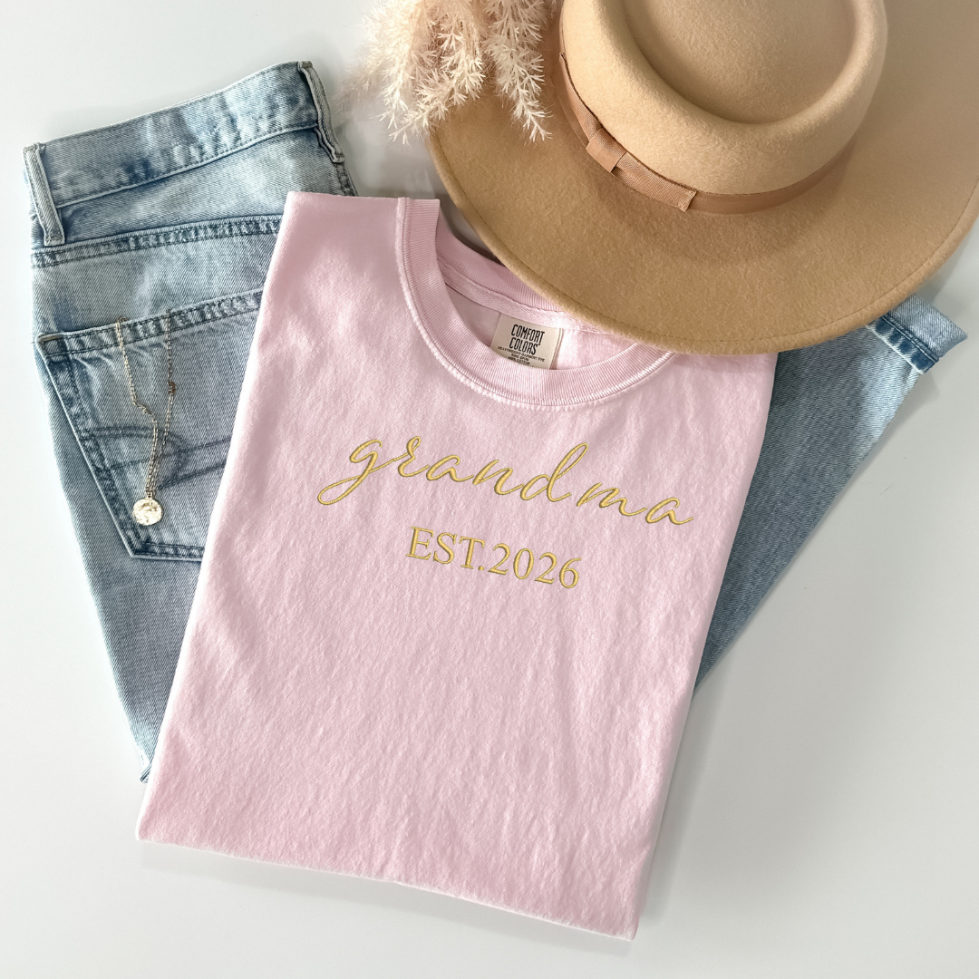 Grandma Est. 2026 Embroidered Shirt | New Grandma Gift | Script Font Grandmother Announcement Tee