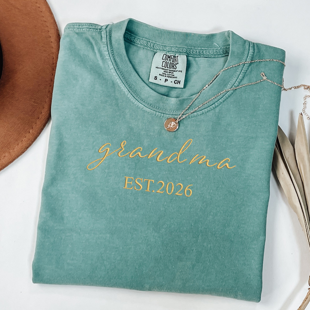 Grandma Est. 2026 Embroidered Shirt | New Grandma Gift | Script Font Grandmother Announcement Tee