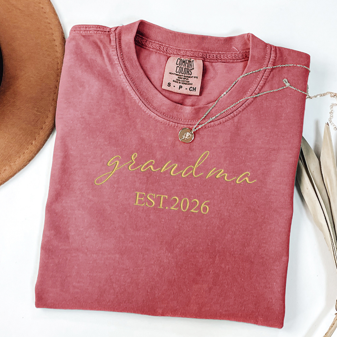 Grandma Est. 2026 Embroidered Shirt | New Grandma Gift | Script Font Grandmother Announcement Tee