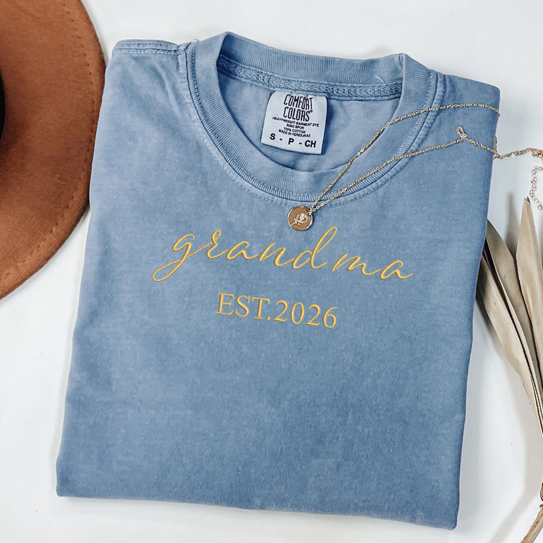 Grandma Est. 2026 Embroidered Shirt | New Grandma Gift | Script Font Grandmother Announcement Tee
