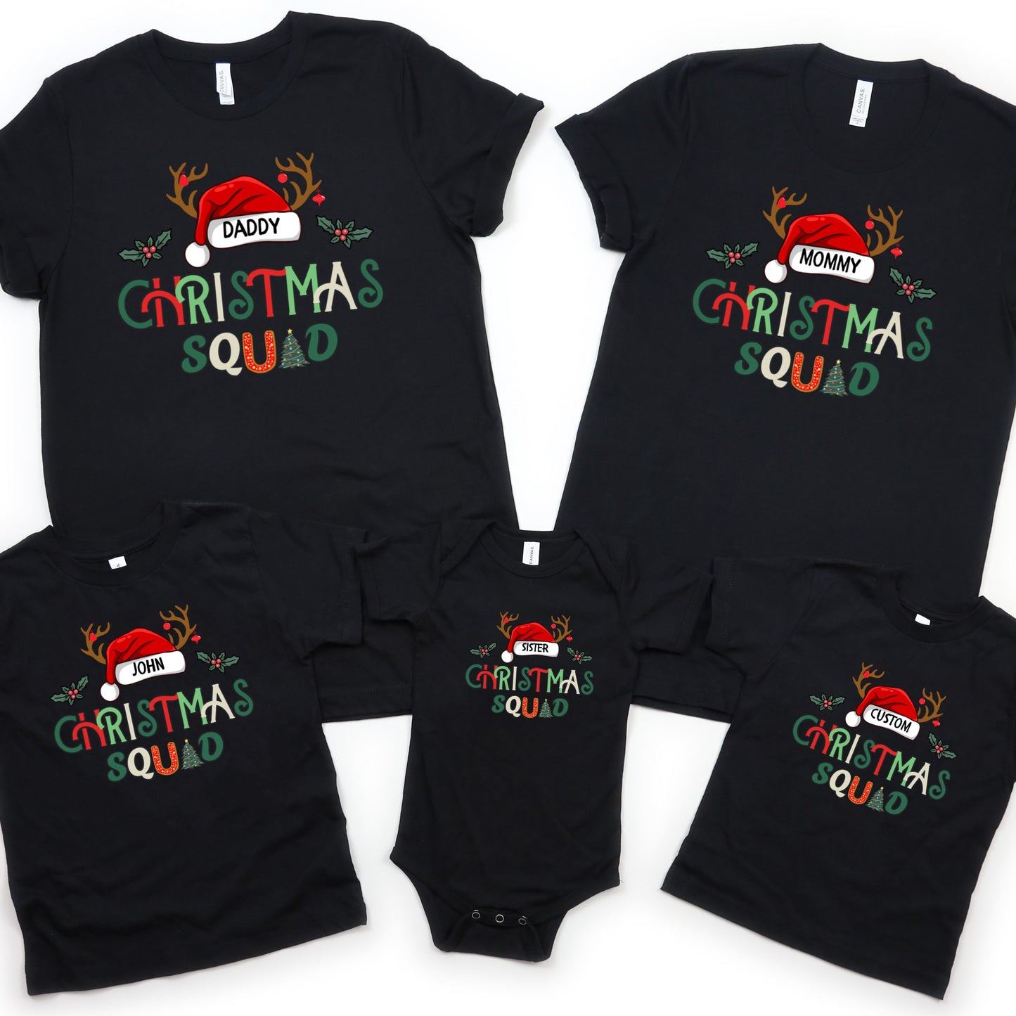Christmas Squad Family Shirts - Personalized Name/Title Christmas Matching Outfits - Holiday Photo Shoot Tees