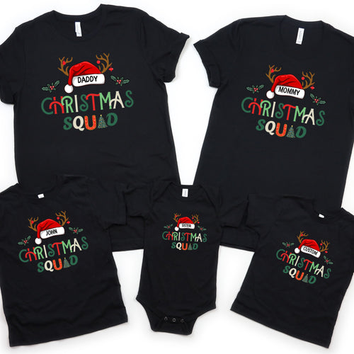 Christmas Squad Family Shirts - Personalized Name/Title Christmas Matching Outfits - Holiday Photo Shoot Tees