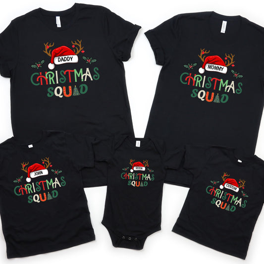Christmas Squad Family Shirts - Personalized Name/Title Christmas Matching Outfits - Holiday Photo Shoot Tees