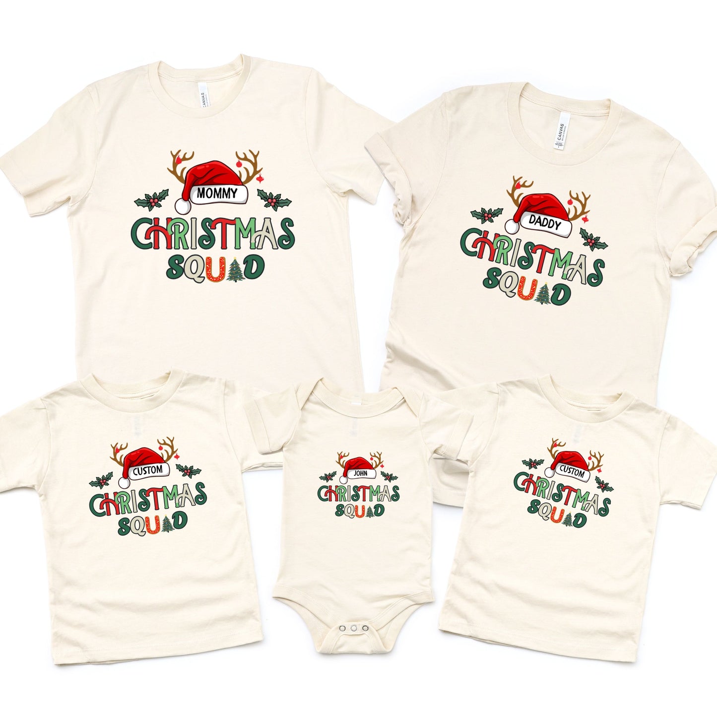 Christmas Squad Family Shirts - Personalized Name/Title Christmas Matching Outfits - Holiday Photo Shoot Tees