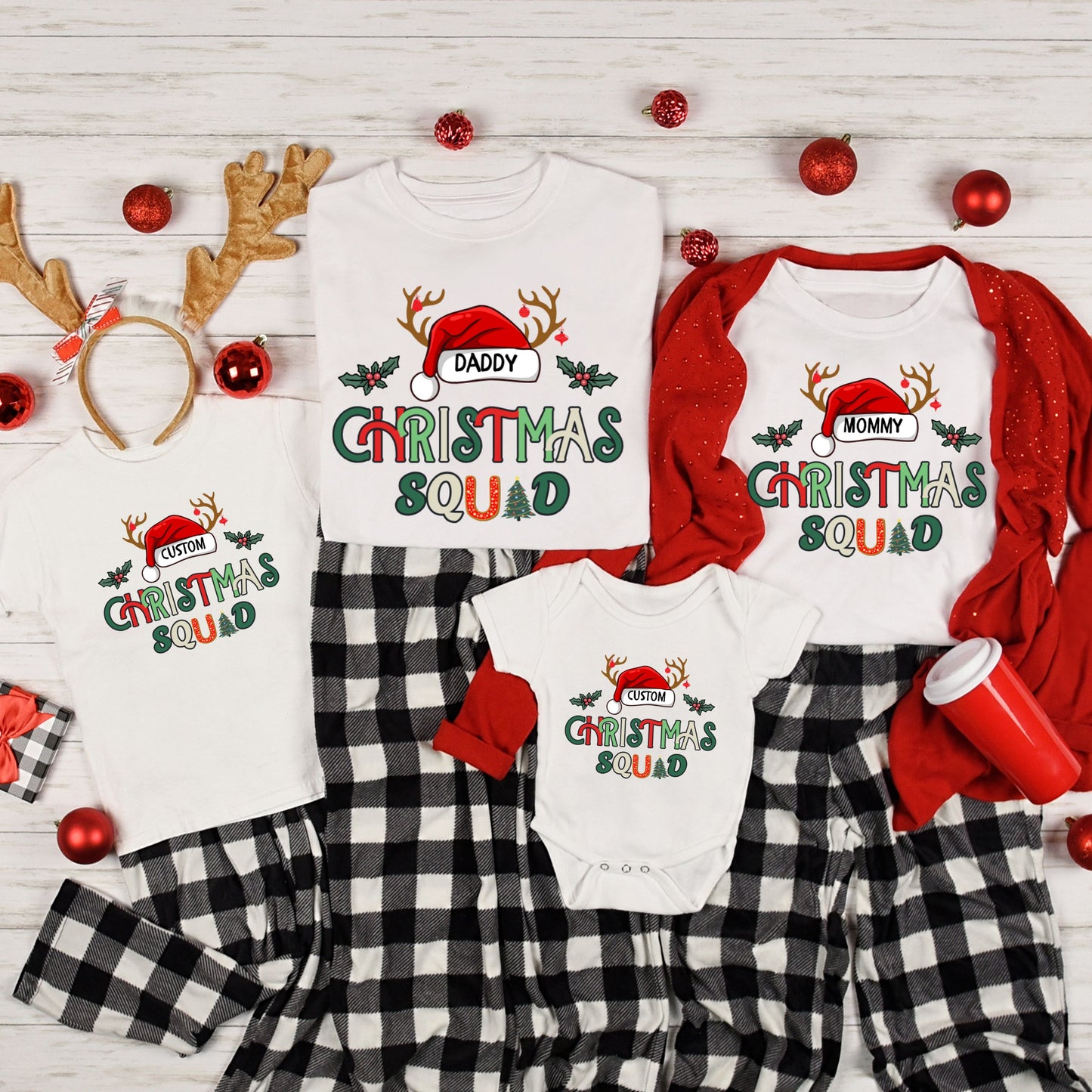 Christmas Squad Family Shirts - Personalized Name/Title Christmas Matching Outfits - Holiday Photo Shoot Tees